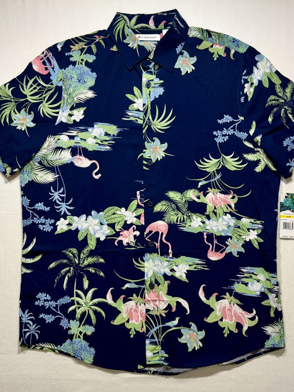 Cubavera Flamingo Print Shirt Men’s M Naval Academy Blue Tropical NWT